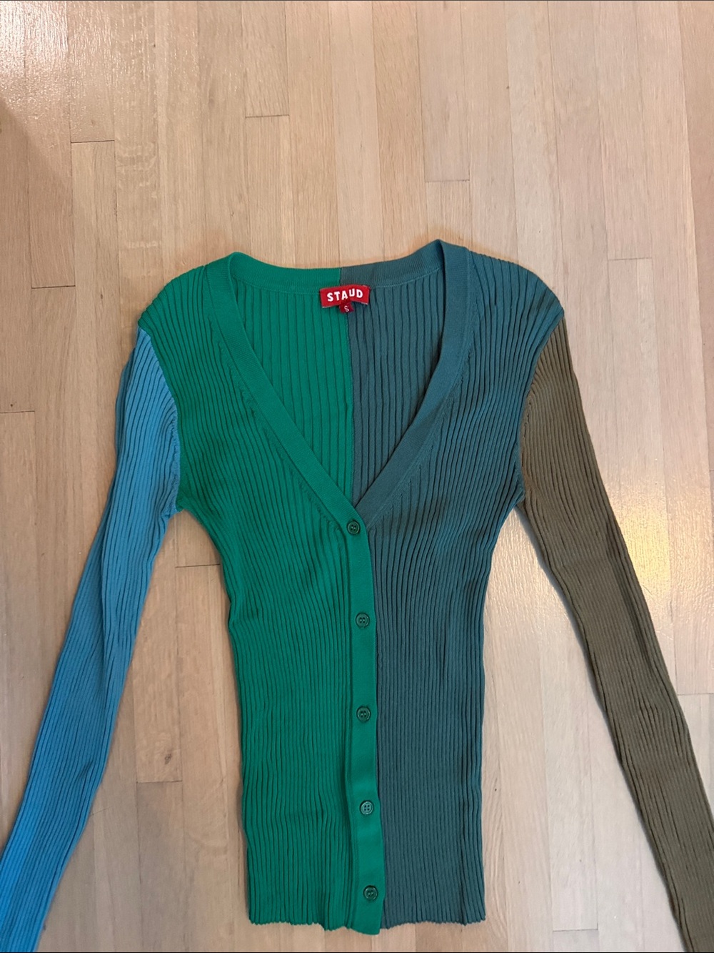 STAUD Colorblock Ribbed V-Neck Cardigan - Teal, Green, Blue, Olive